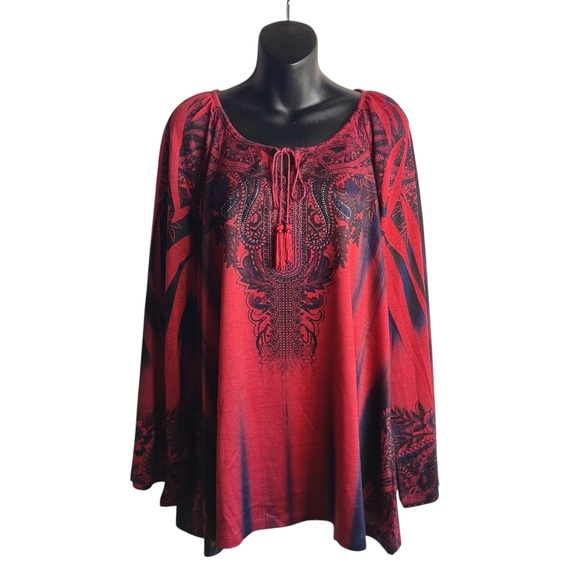 Energe Tops - energe world wear Women’s Tunic Thin Sweater Beaded Tassel Red/Black Size 2X
